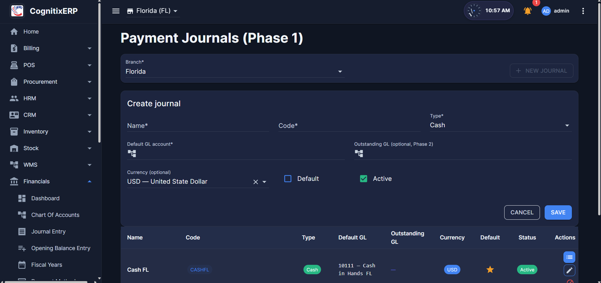 Payment Journals list and configuration page