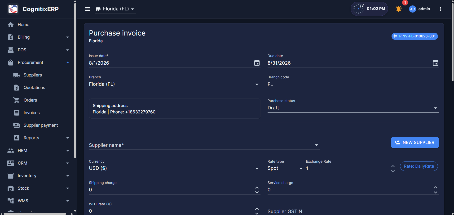 Procurement Purchase Invoices and GRN page