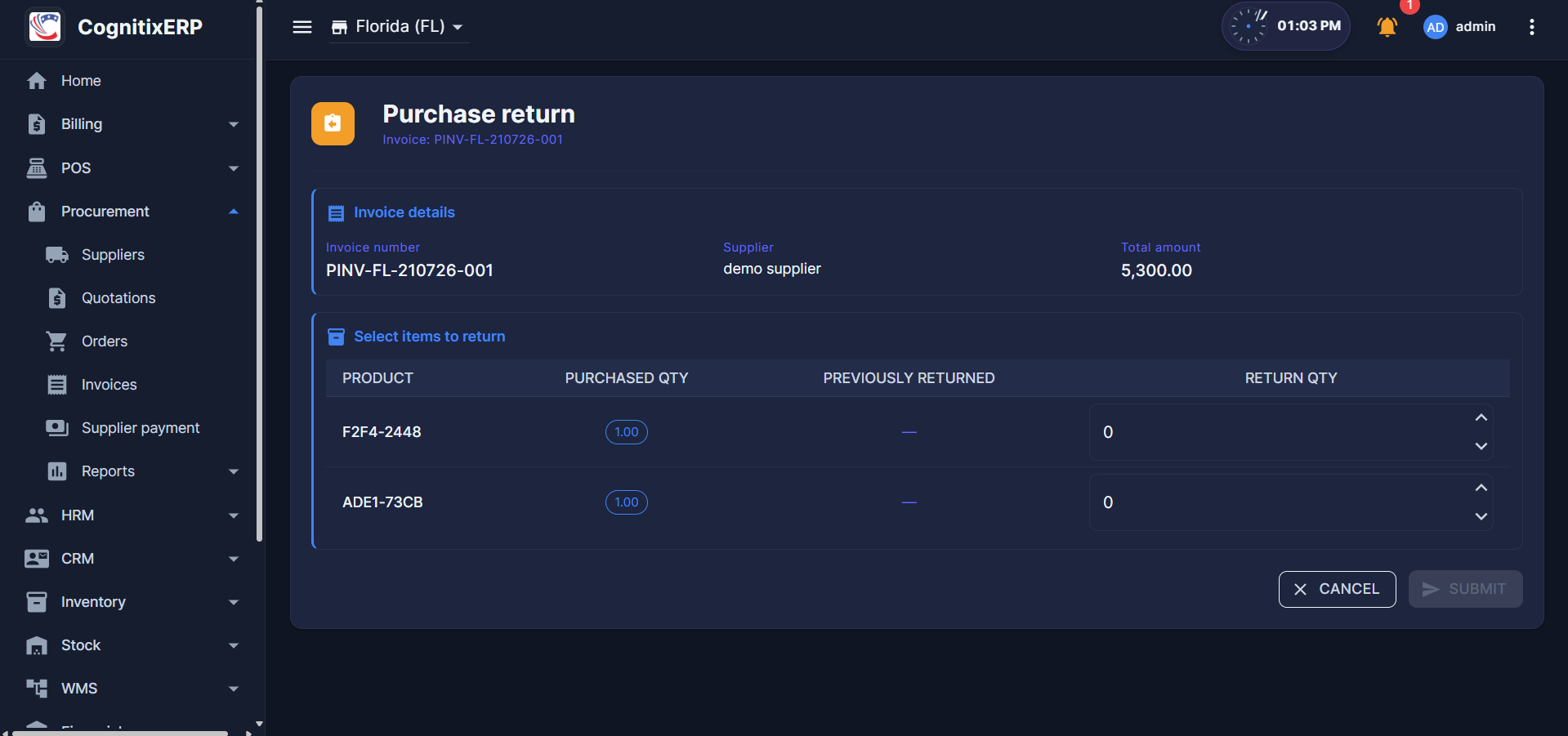 Procurement Purchase Returns page