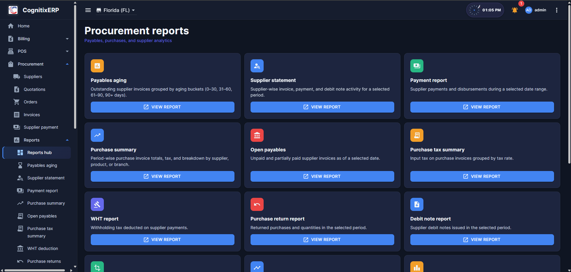 Procurement Reports hub page