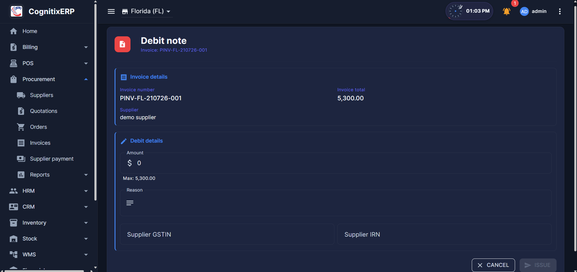 Procurement Supplier Debit Notes page