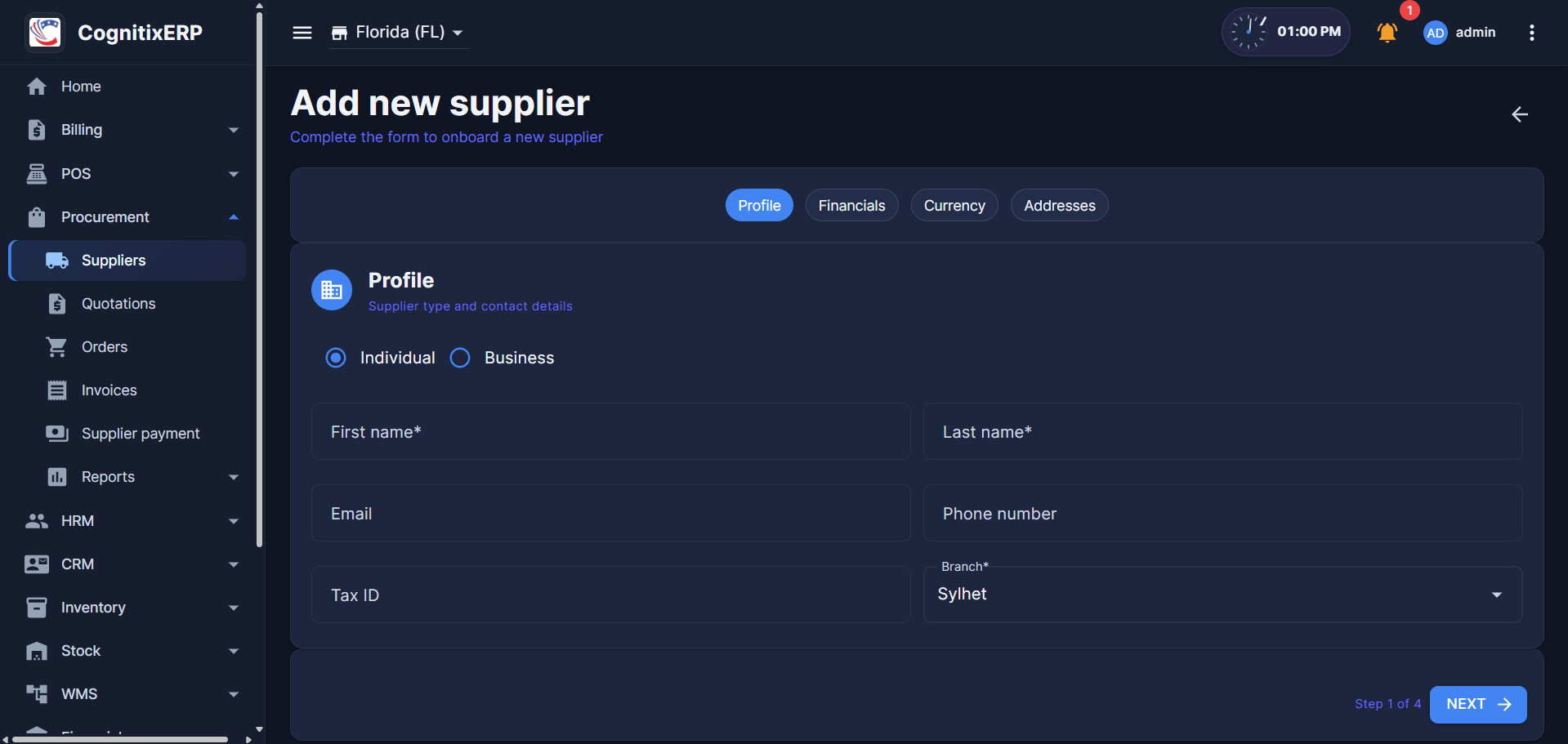 Procurement Suppliers list page