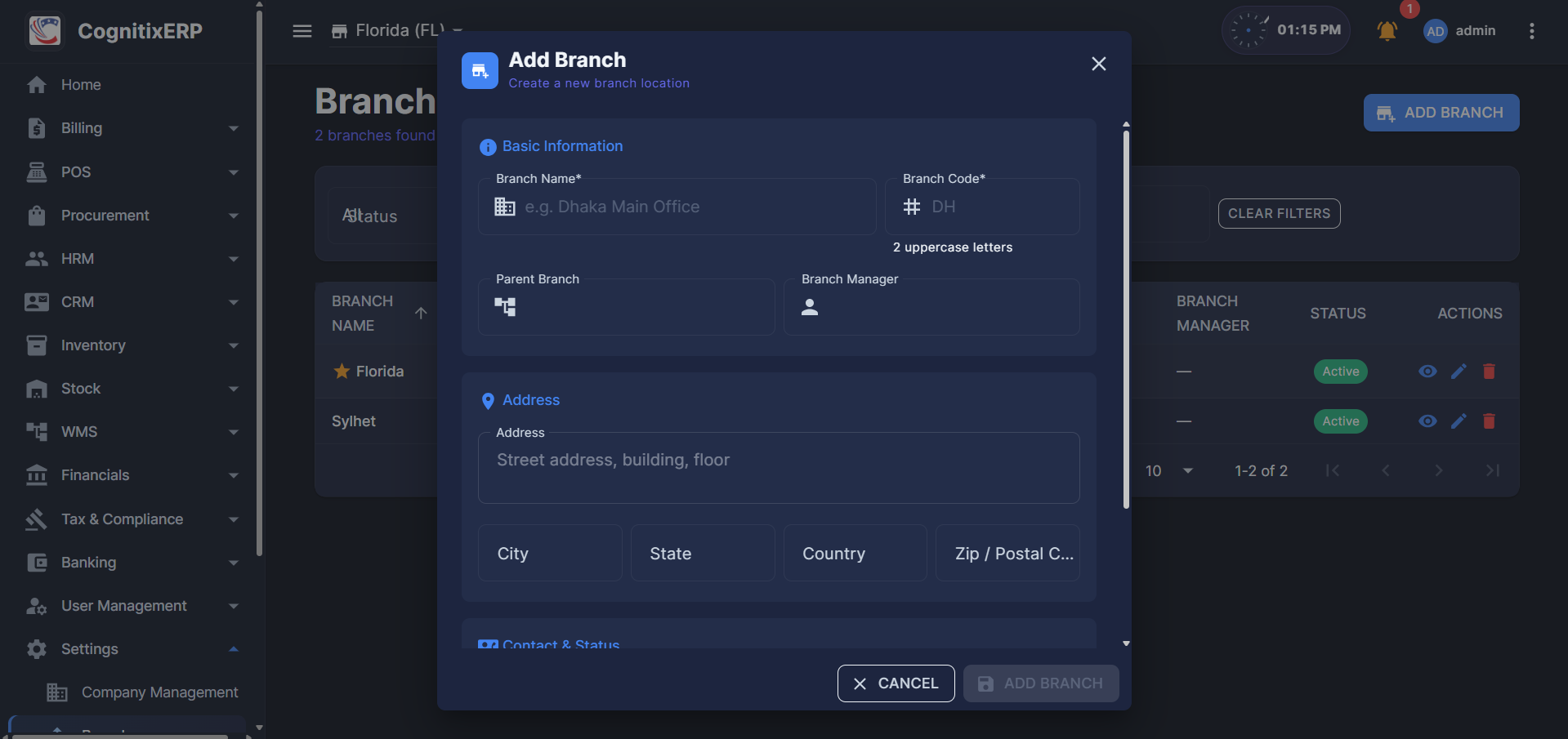 Branches list from Settings menu