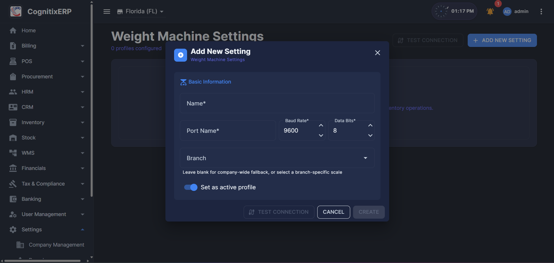 Weight Machine Settings page