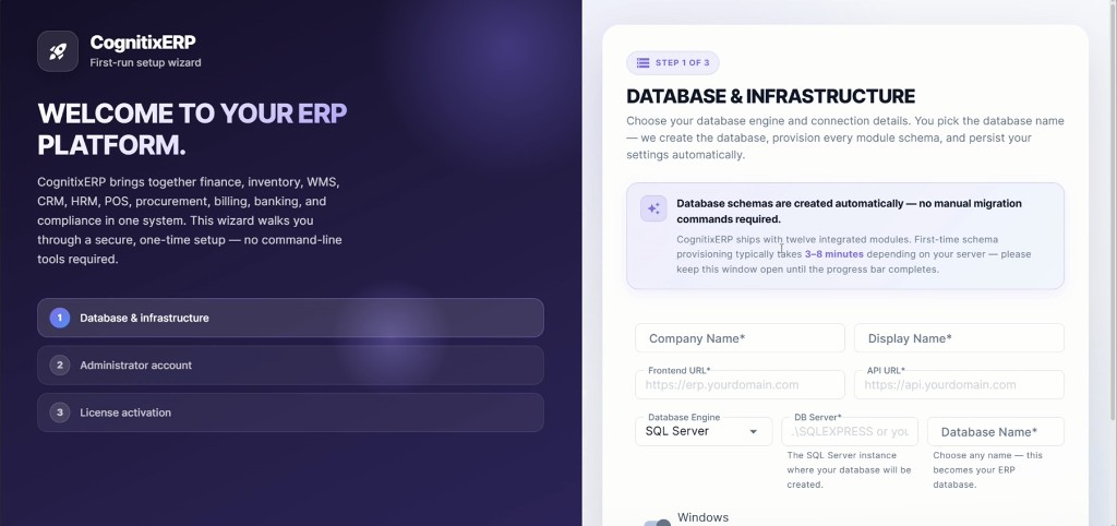 Setup Wizard Step 1 — Database and infrastructure
