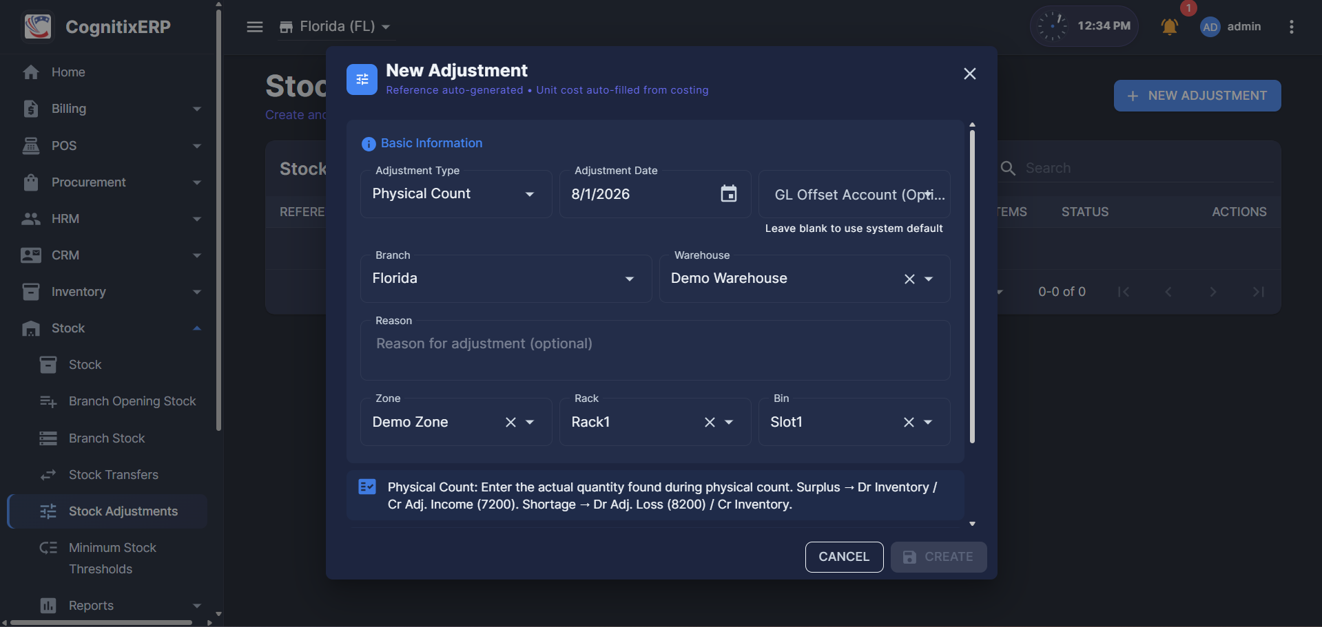 Stock Adjustments page