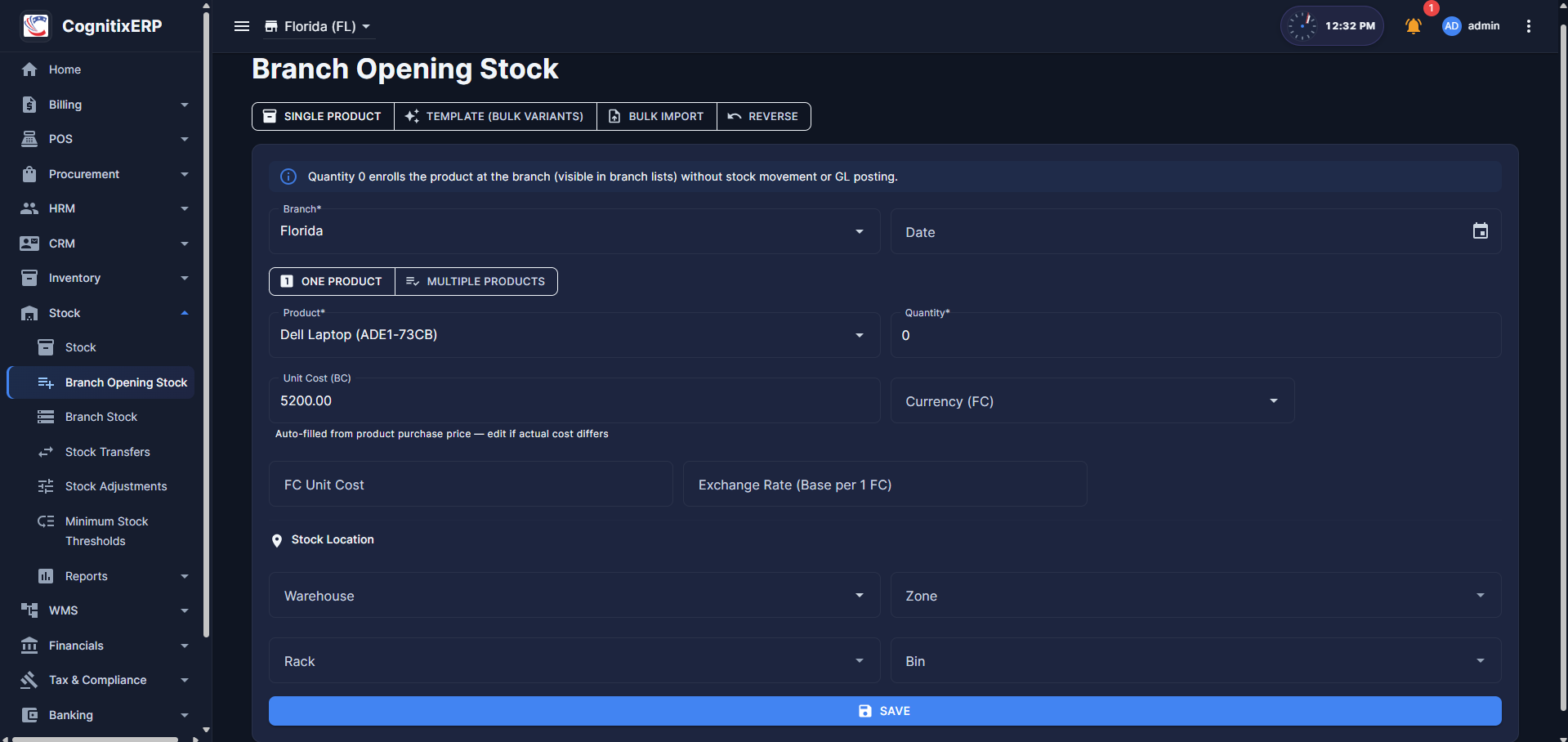 Branch Opening Stock entry page