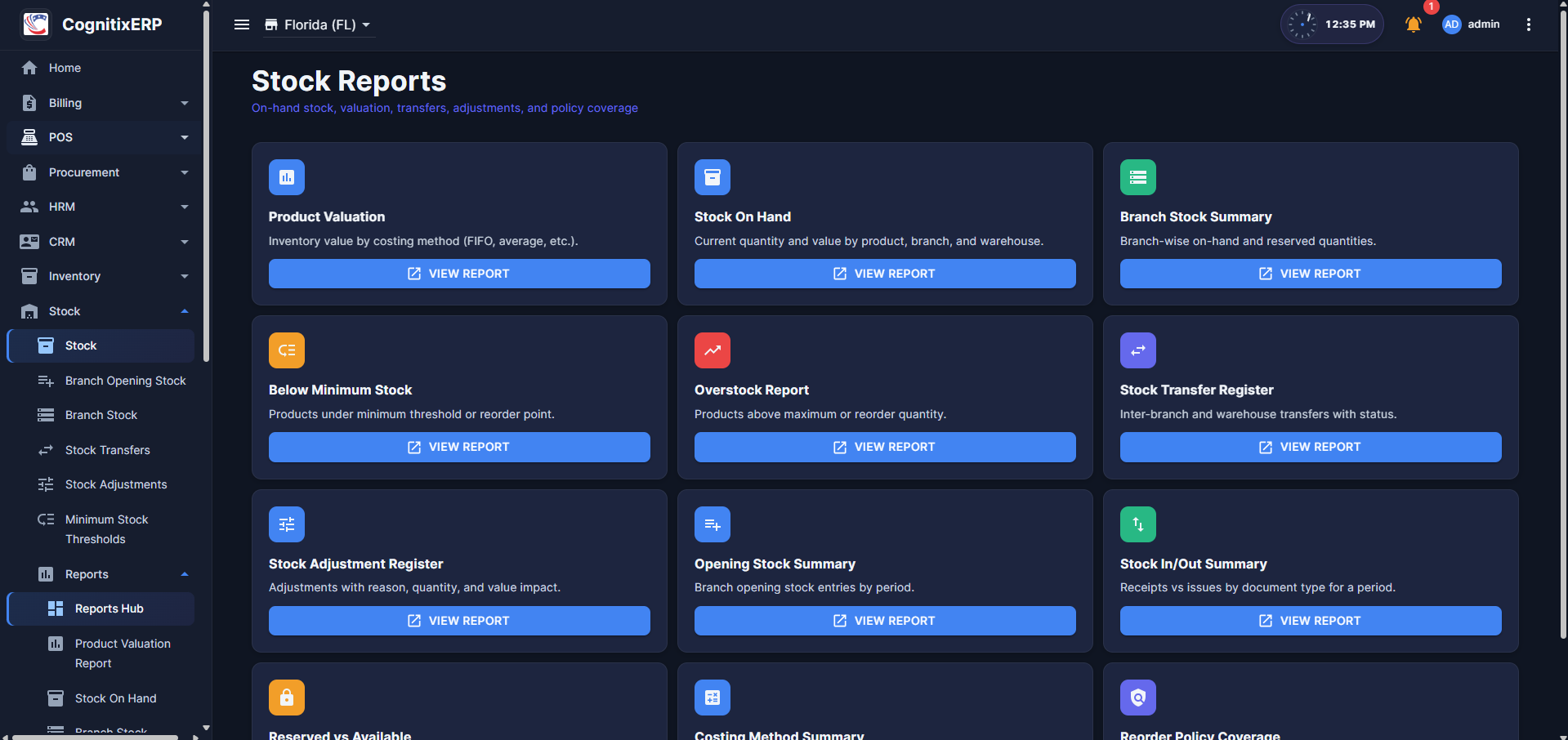 Stock Reports hub page