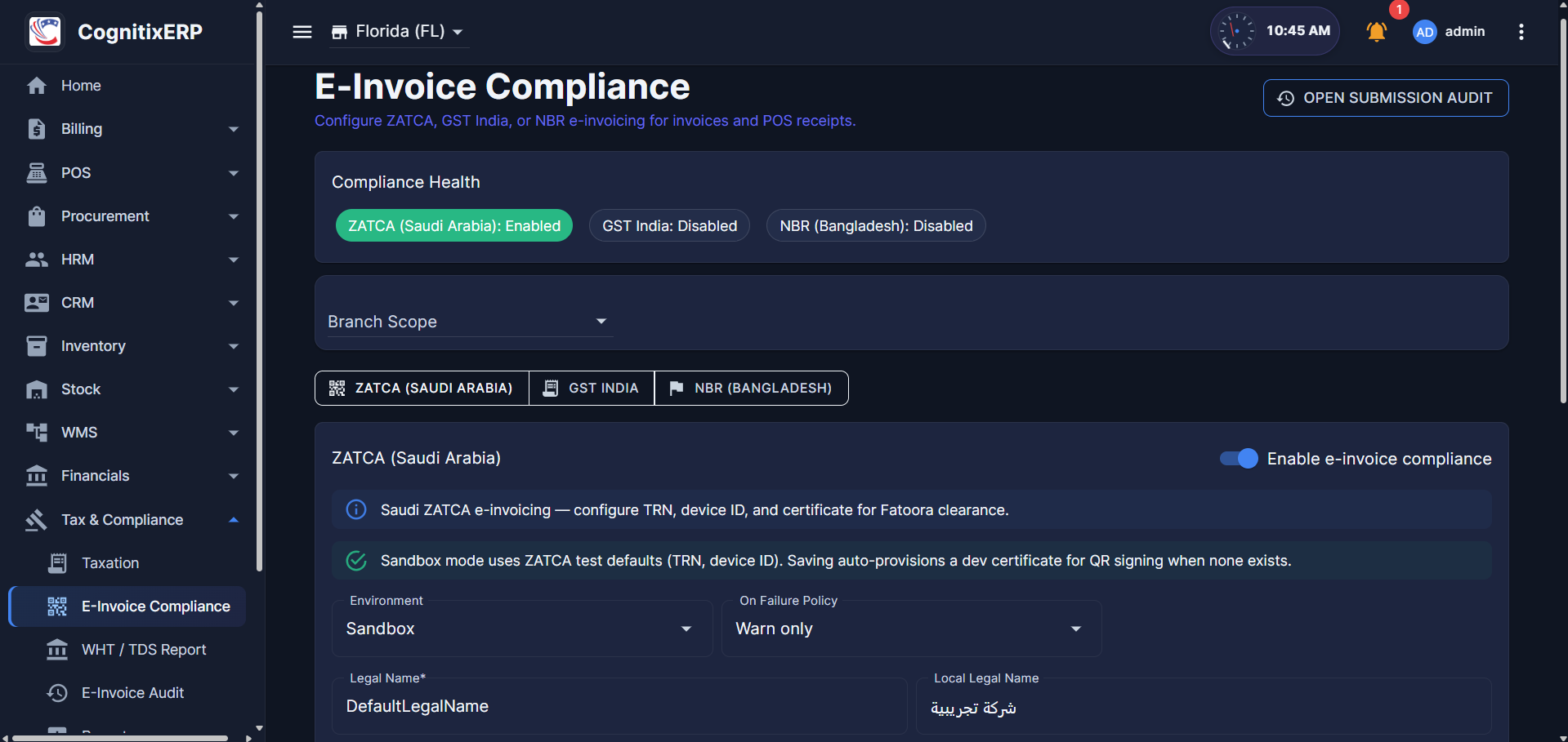 Tax compliance and e-invoicing settings screen