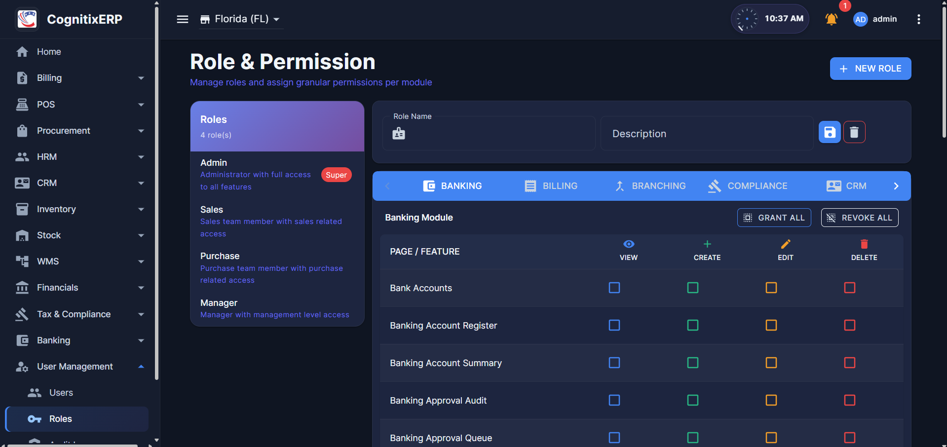 Role and Permission screen with module permission matrix