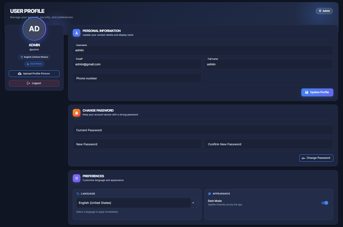 User Profile self-service page
