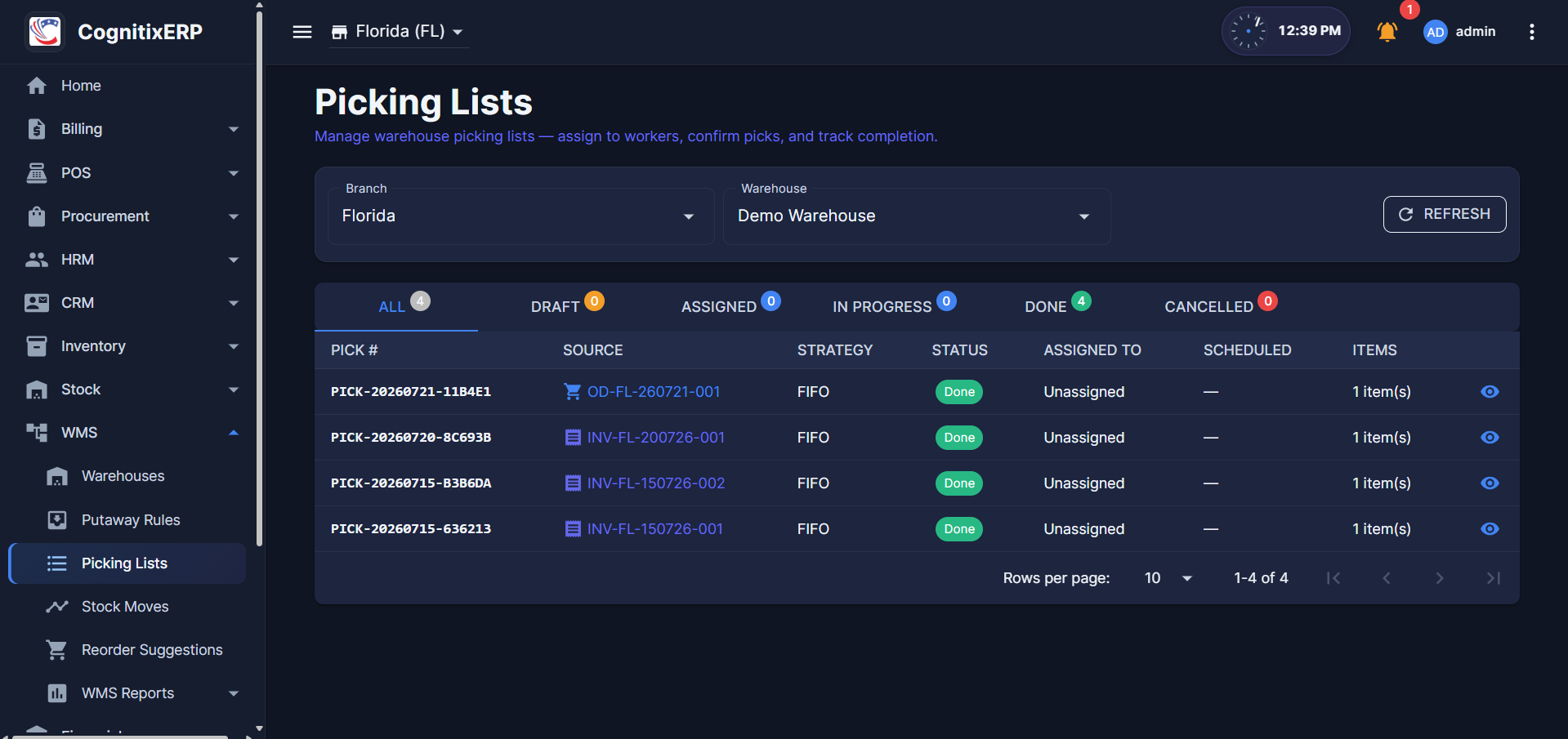 WMS Picking Lists page
