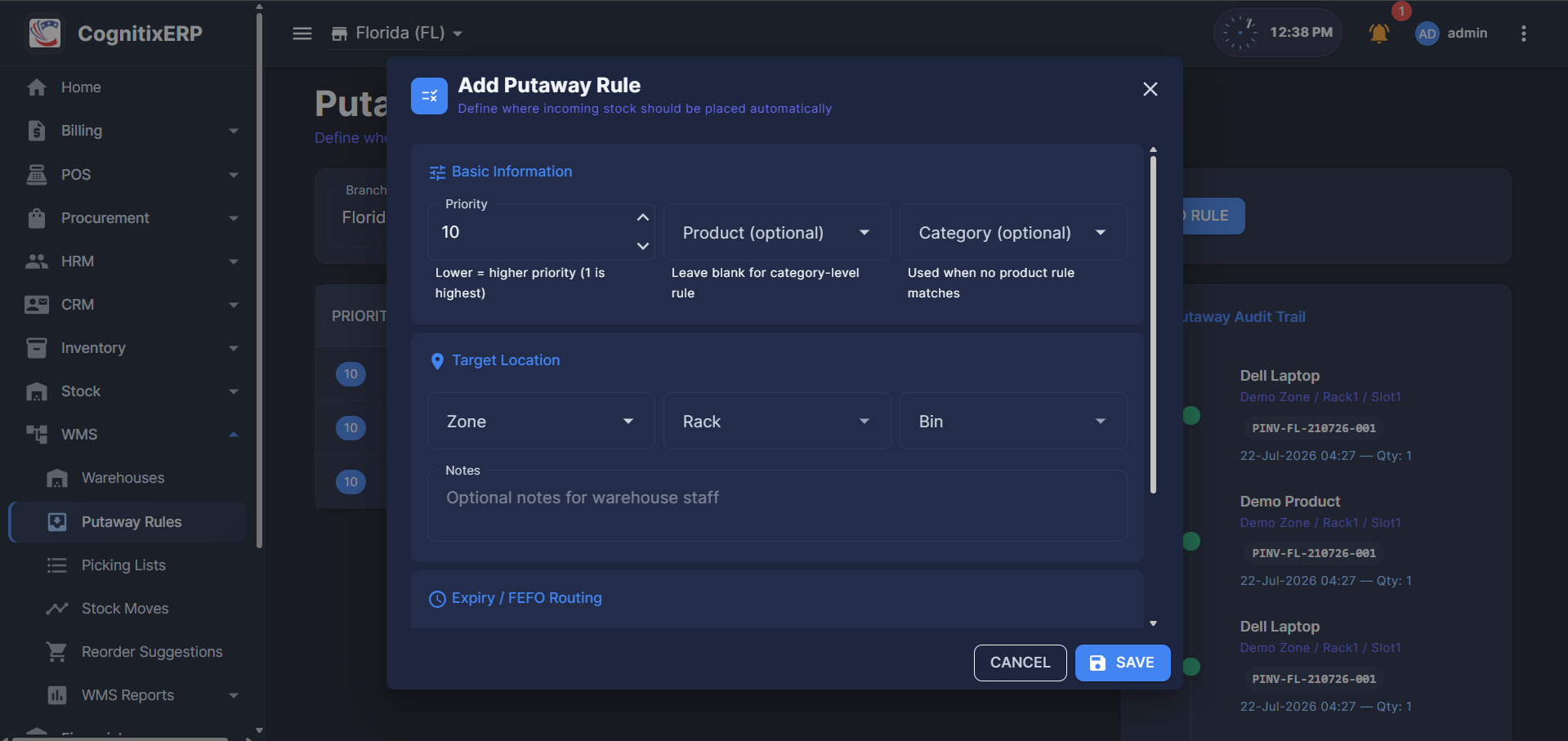 WMS Putaway Rules page