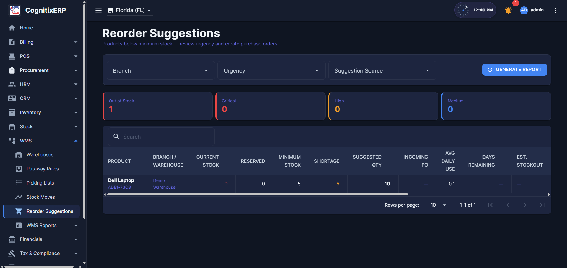 WMS Reorder Suggestions page
