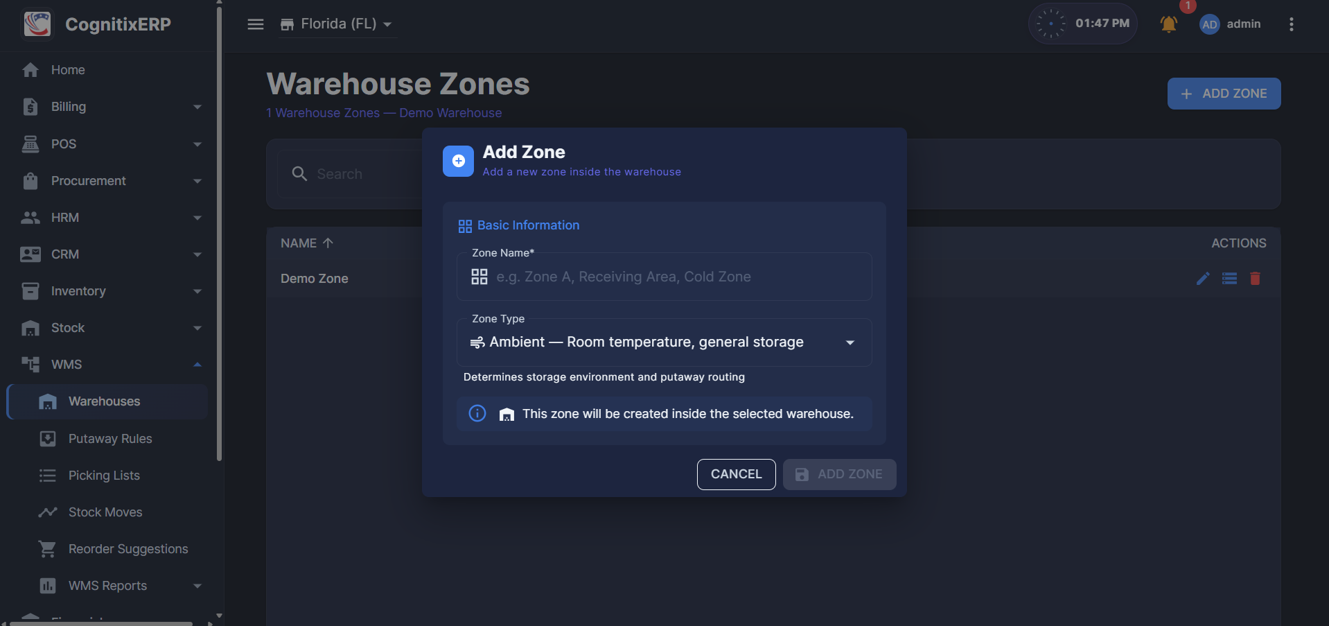 WMS Warehouse Zones page
